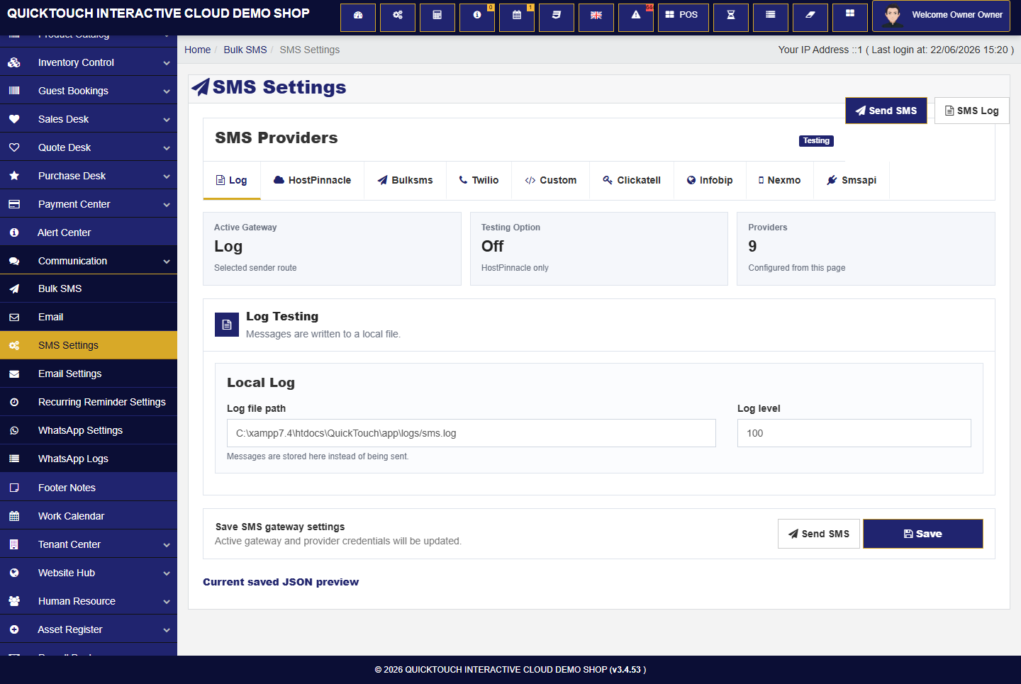 Communication settings screen