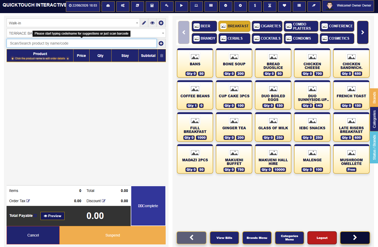 Restaurant POS selling screen