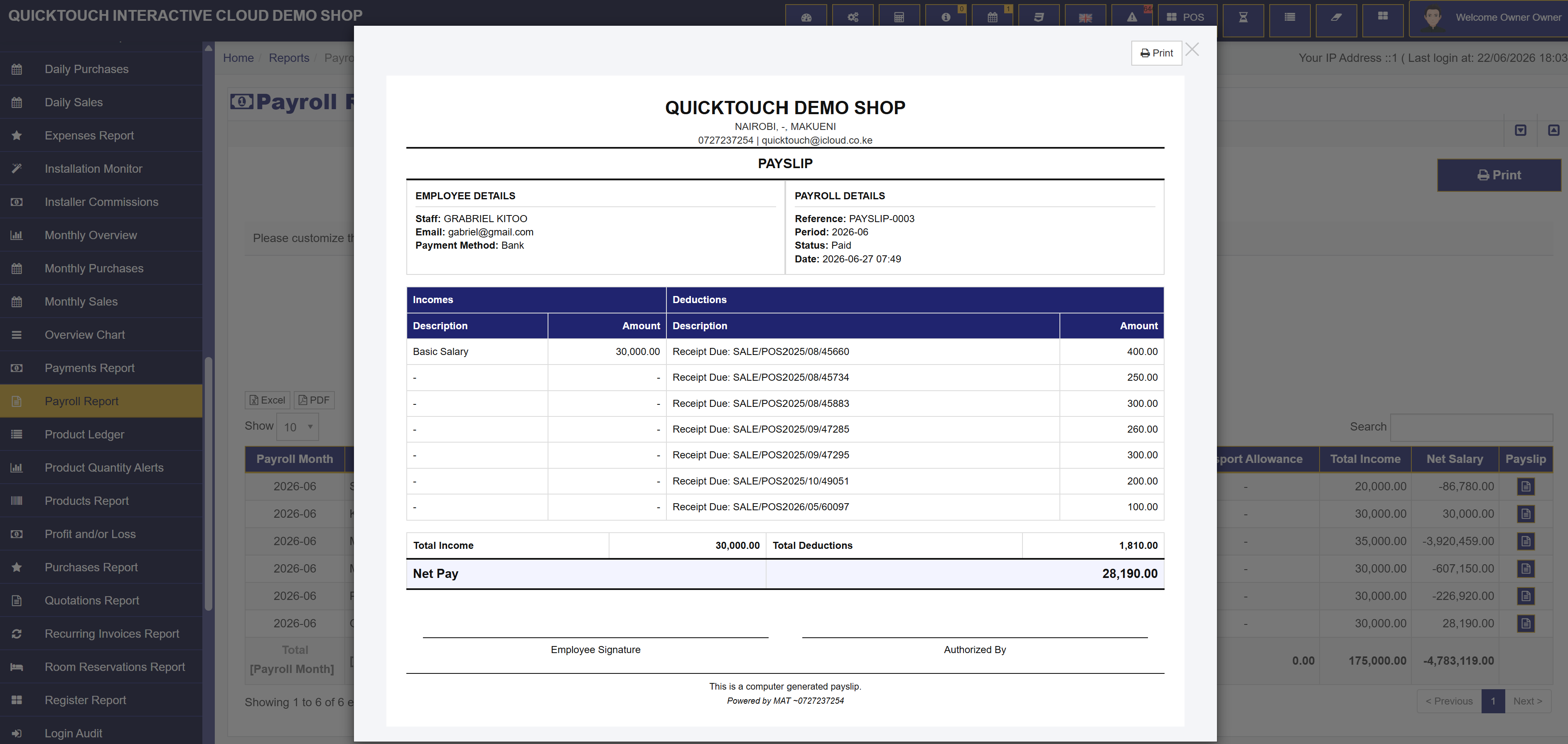 Payroll payslip modal
