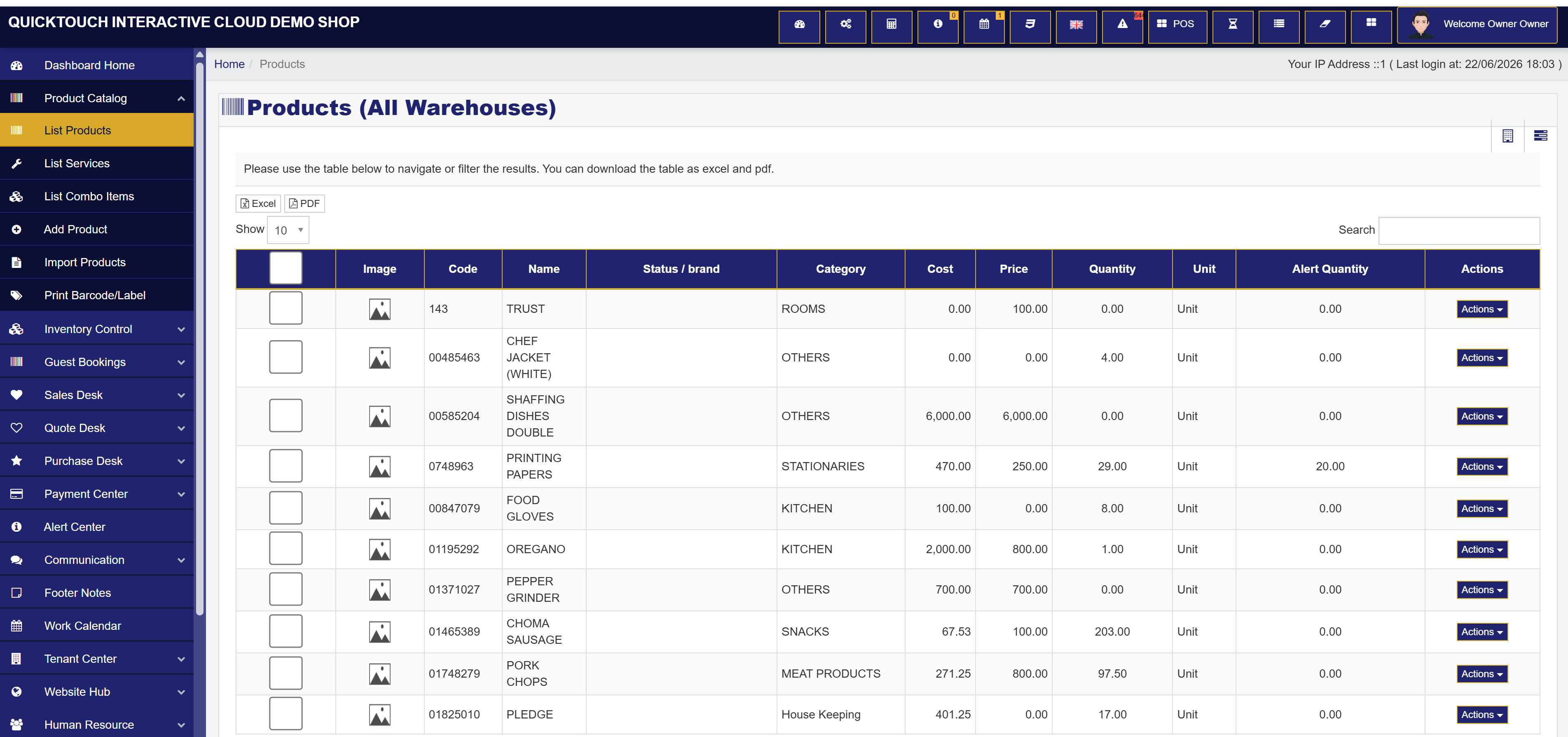 Product catalog and inventory table