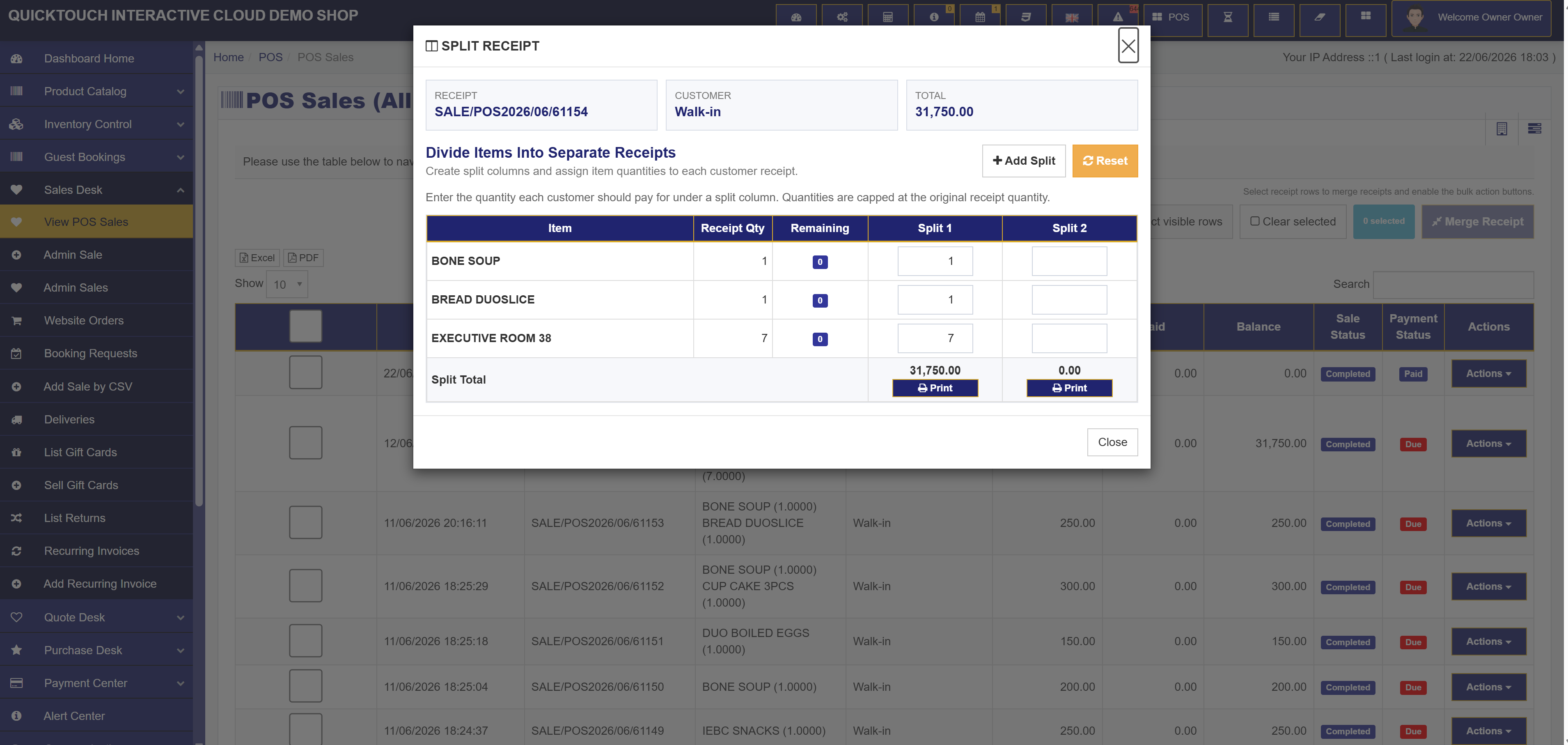 Split receipt modal