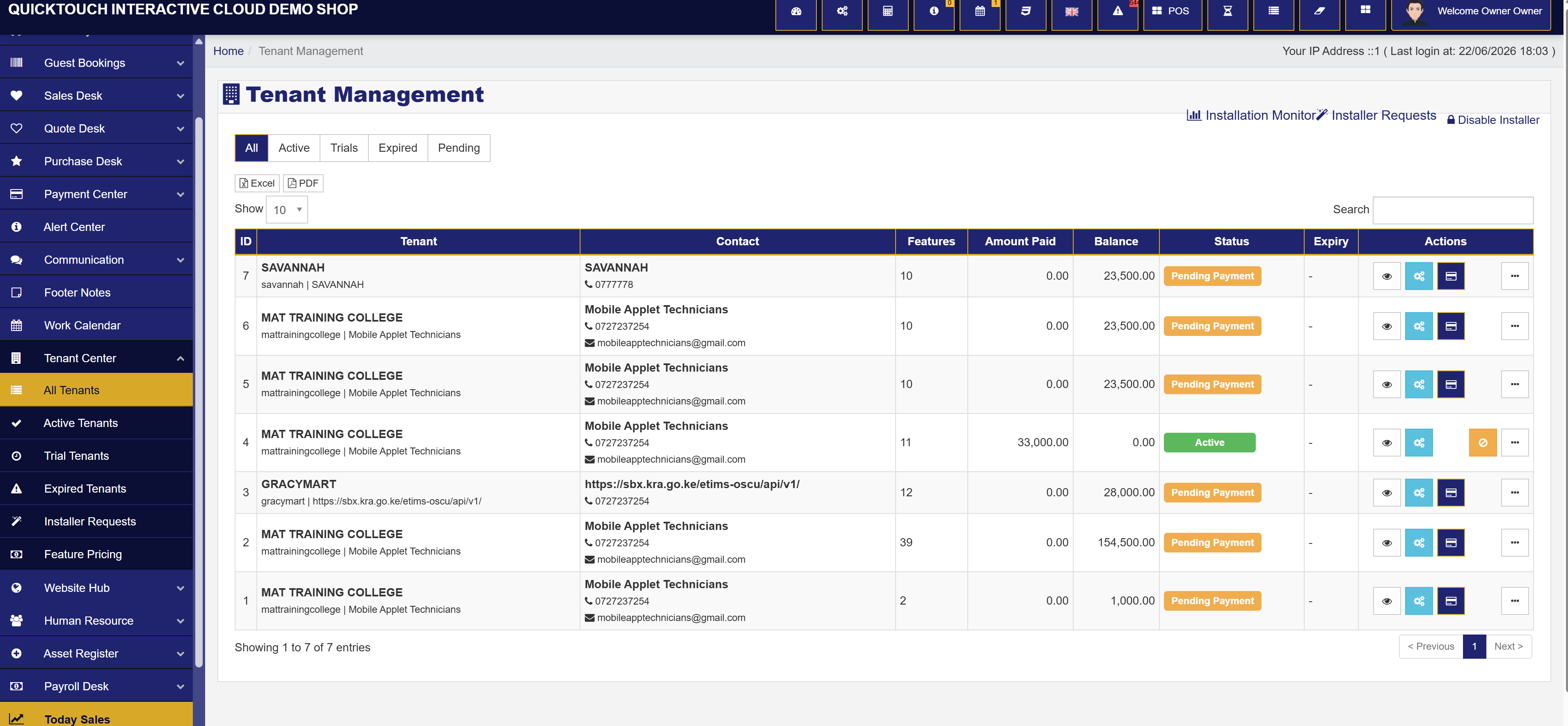 Business management screen