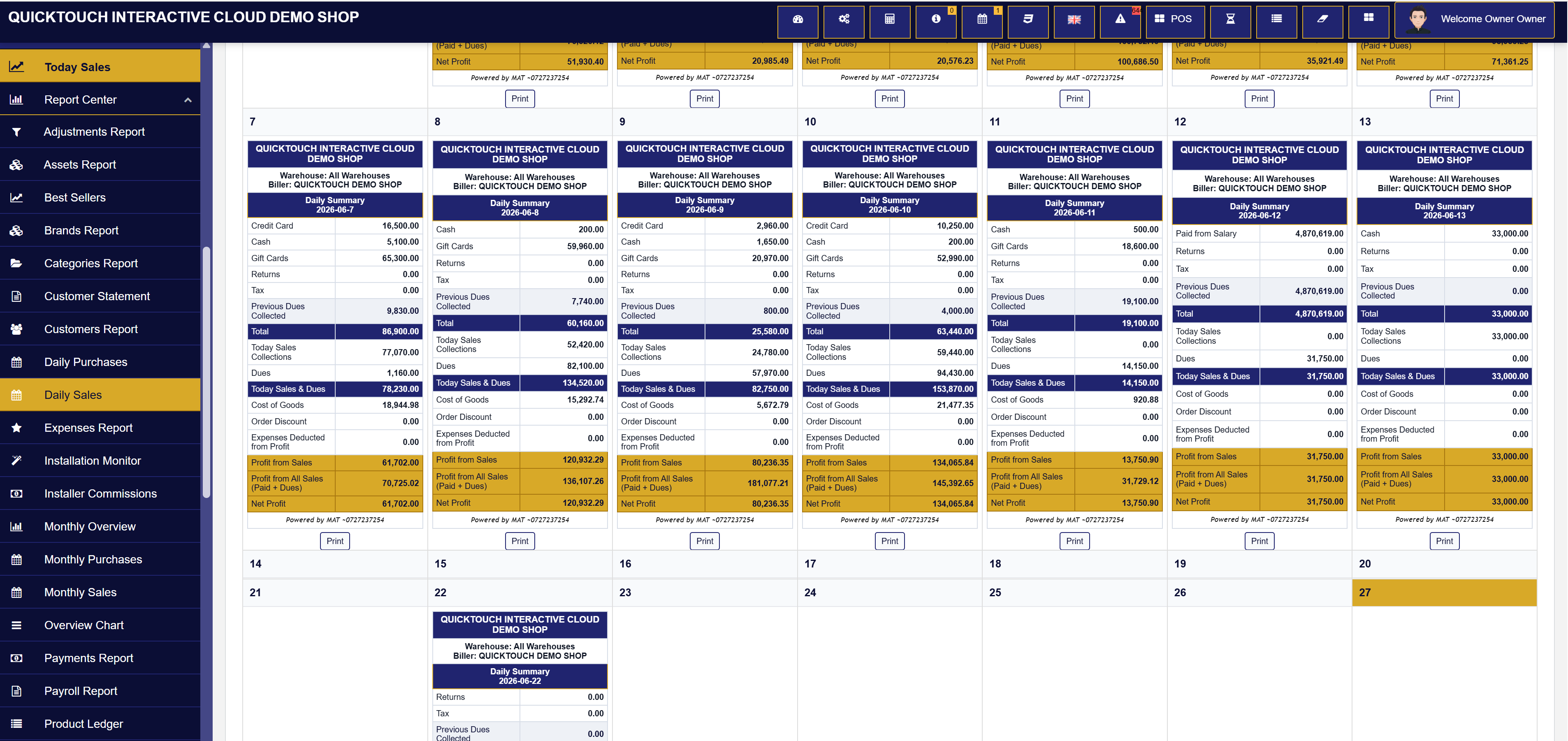 Daily sales calendar report