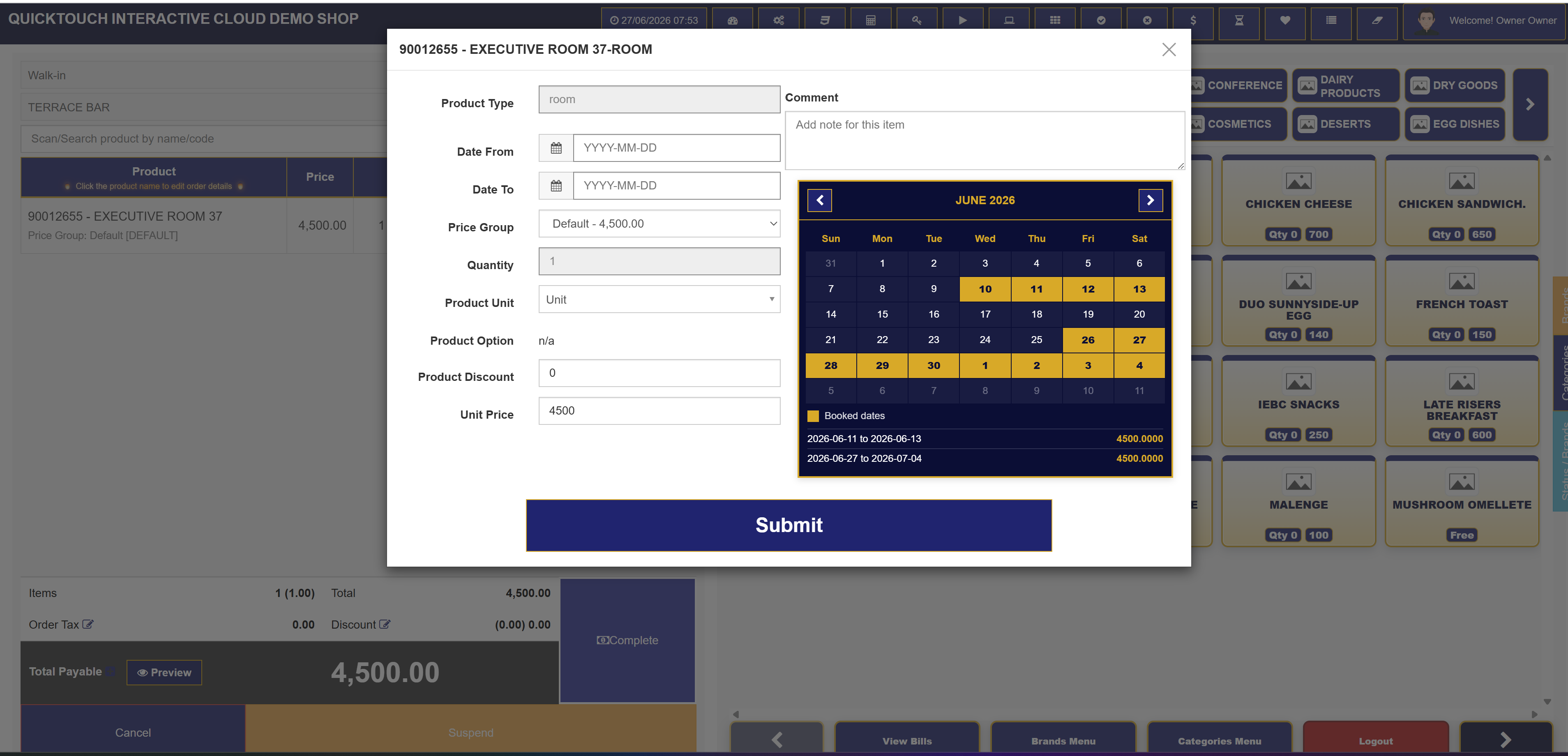 Room booking calendar inside POS