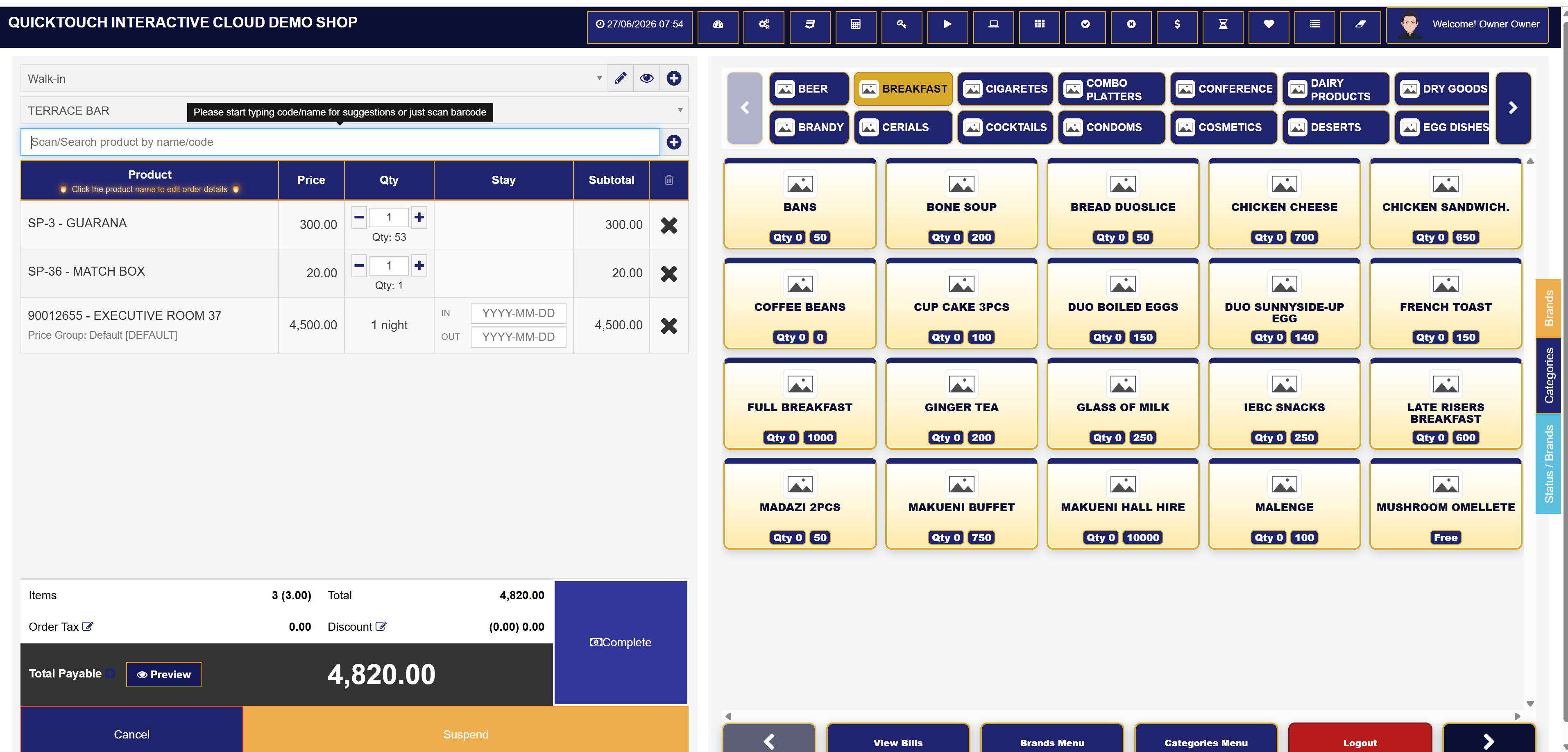 QuickTouch POS sales screen