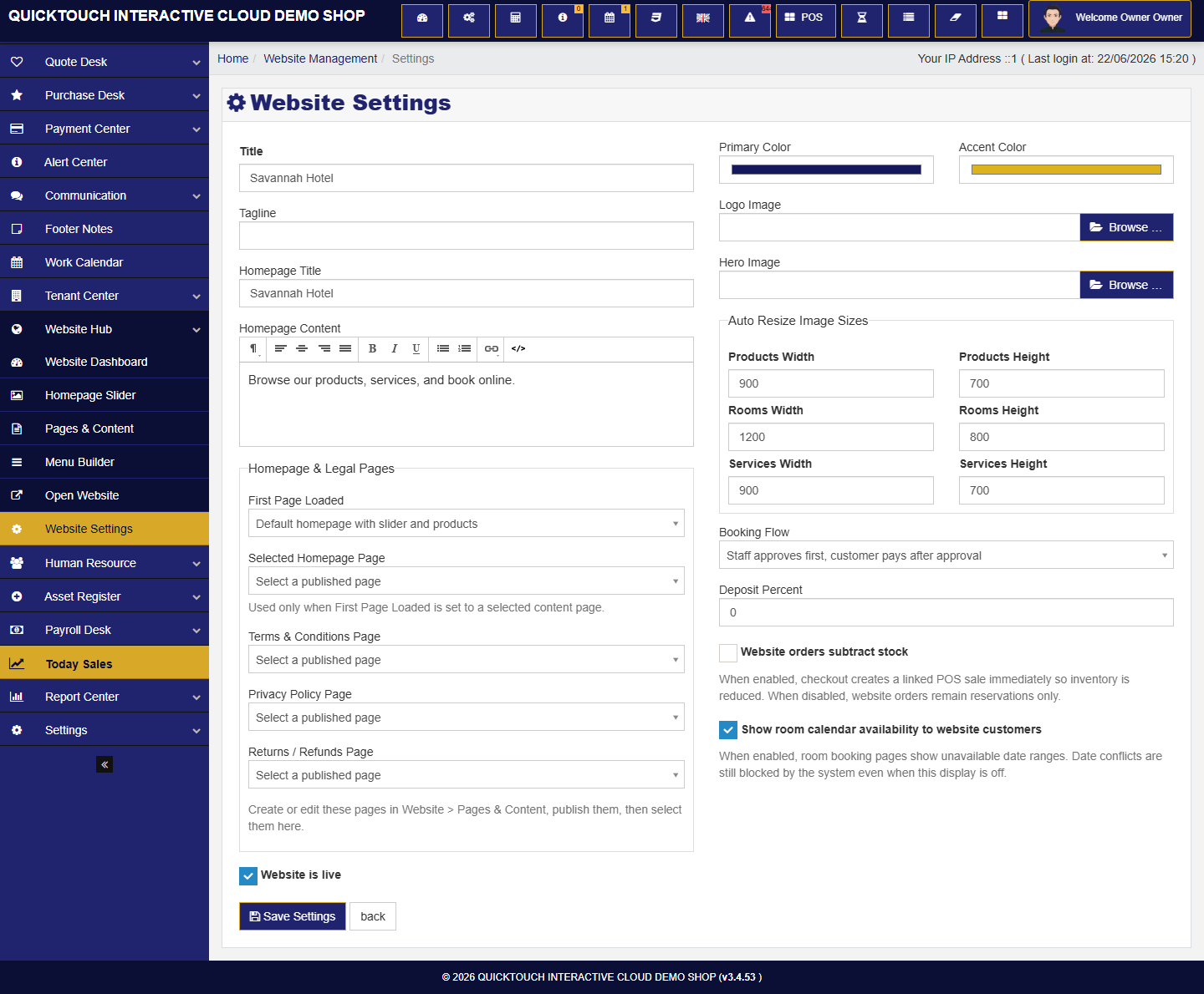 Website hub settings